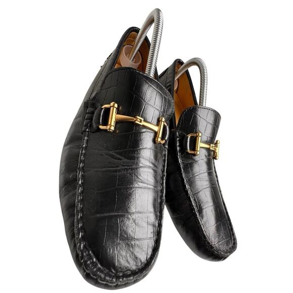 Saks Fifth Avenue Mens Black Croc Embossed Leather Horsebit Loafers Mocs Sz 9.5 - Picture 11 of 16